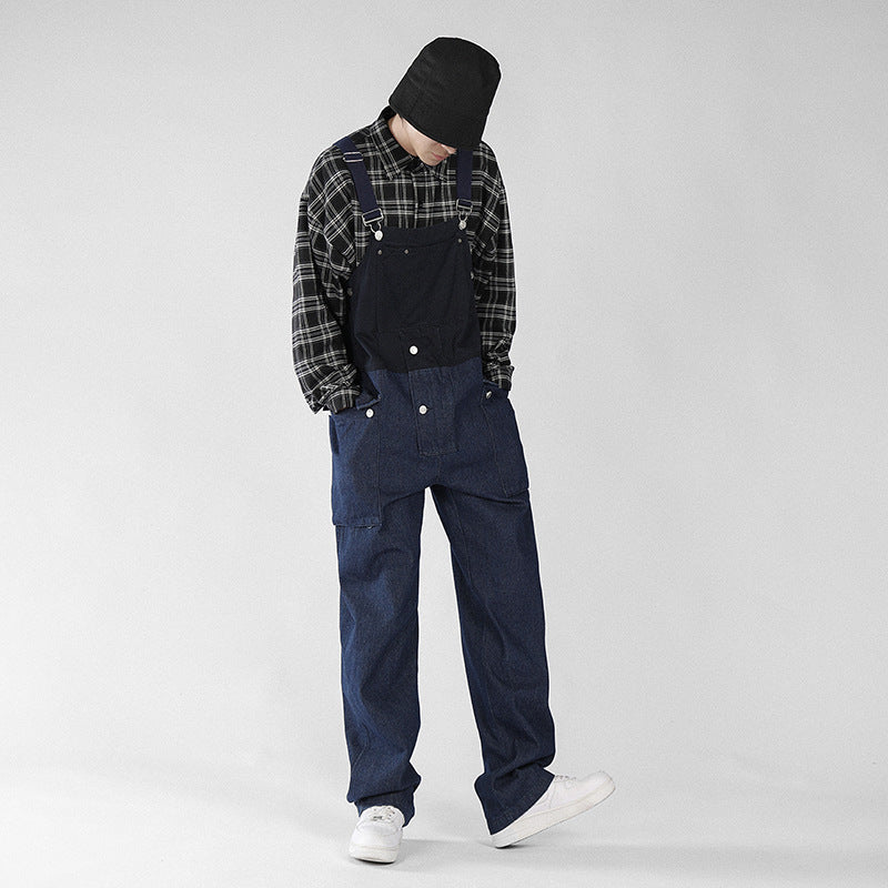 「S~5XL」レトロ切替配色ポケットオーバーオール