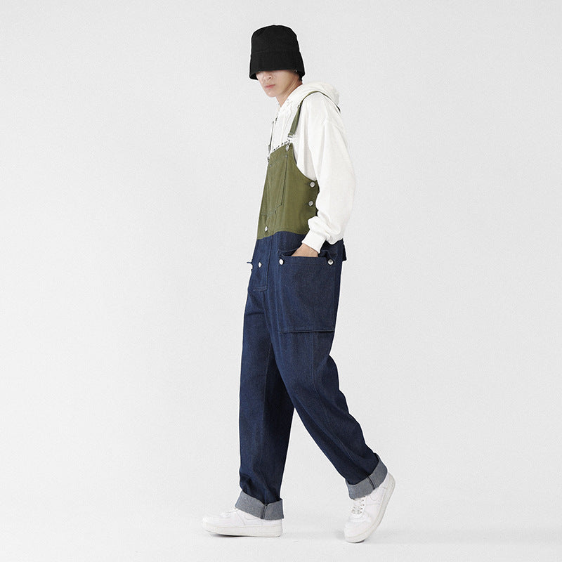 「S~5XL」レトロ切替配色ポケットオーバーオール