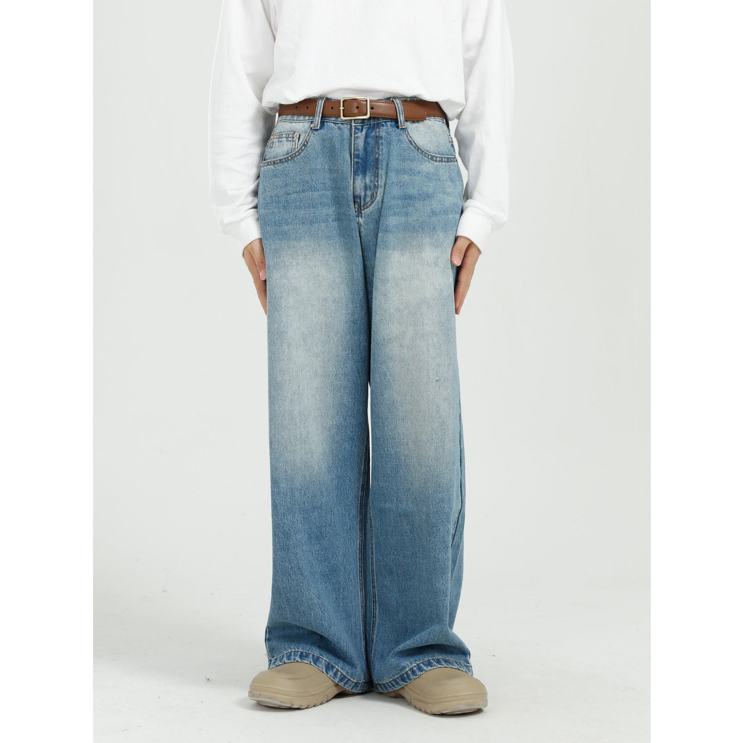Relaxed Blue Straight Wide Leg Denim Pants