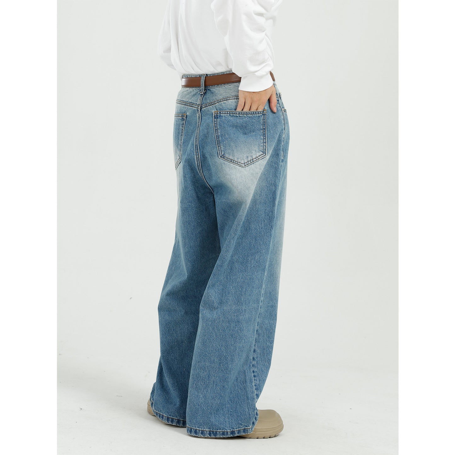 Relaxed Blue Straight Wide Leg Denim Pants