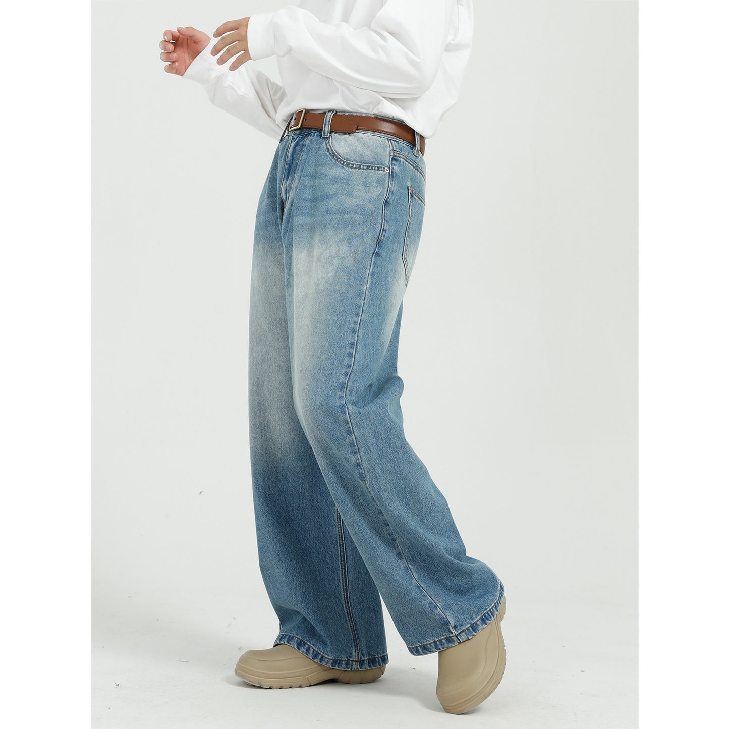 Relaxed Blue Straight Wide Leg Denim Pants