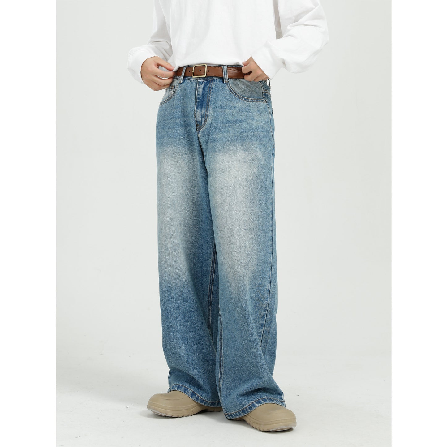 Relaxed Blue Straight Wide Leg Denim Pants