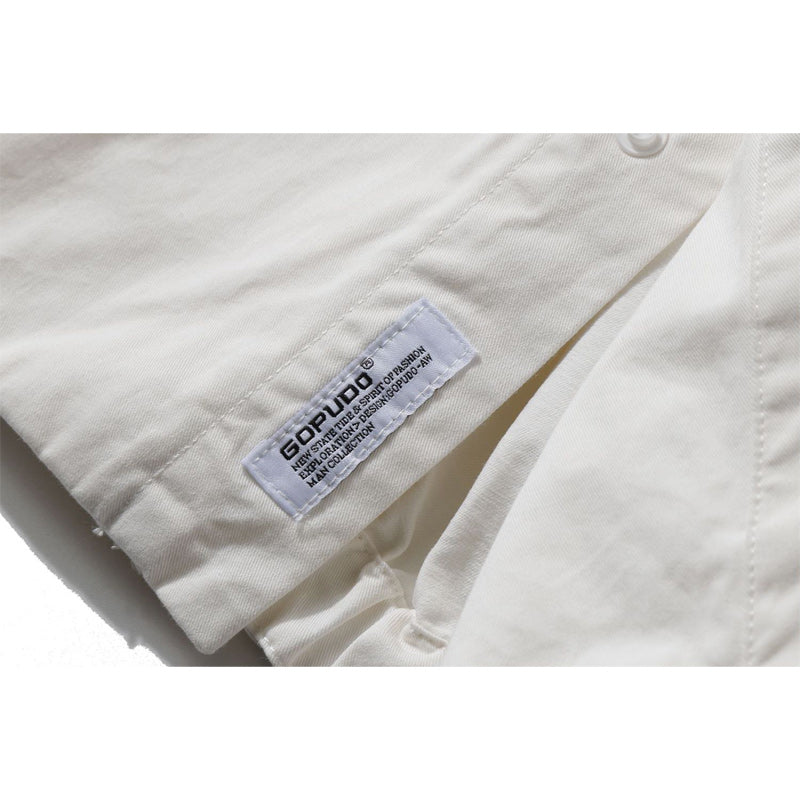 Retro plain large pocket work short sleeve shirt