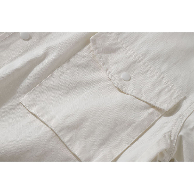 Retro plain large pocket work short sleeve shirt