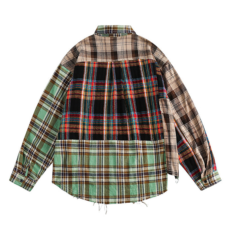 Reconstructed multi-colored irregular patchwork long-sleeved shirt