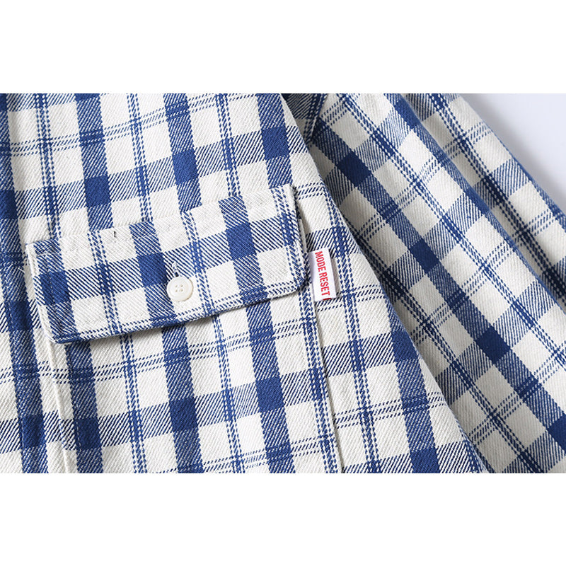 INS popular classic check pattern pocket long sleeve shirt