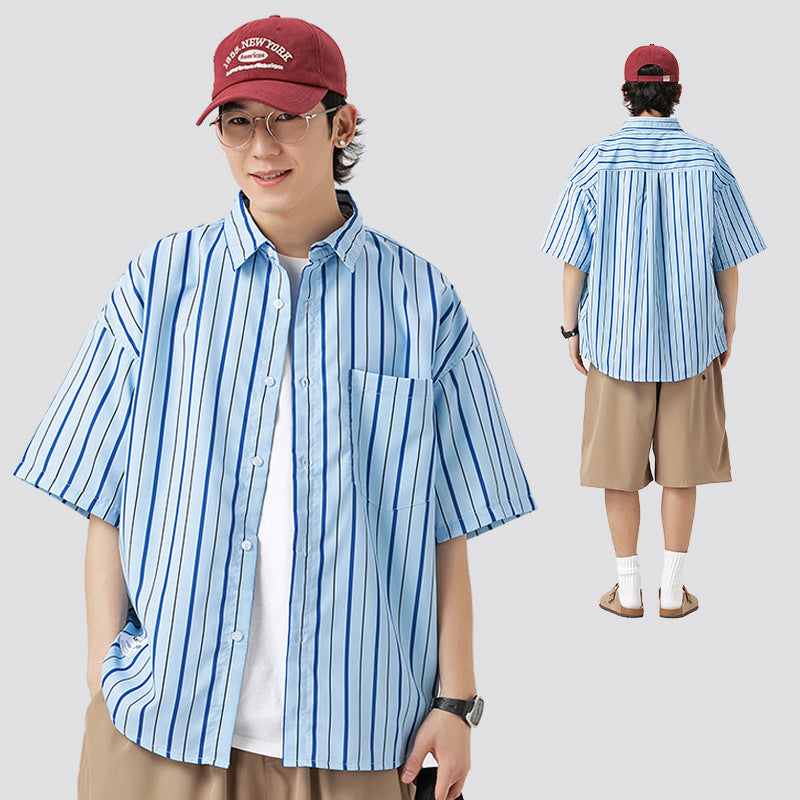 定番ストライプ合わせやすい半袖シャツ