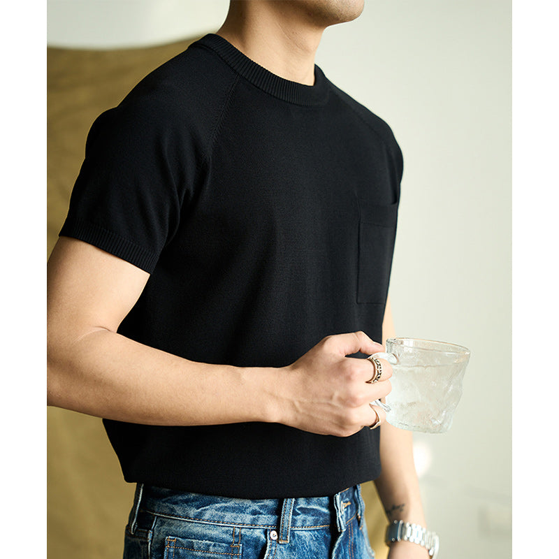 無地清涼感ポケット定番ニット半袖Tシャツ
