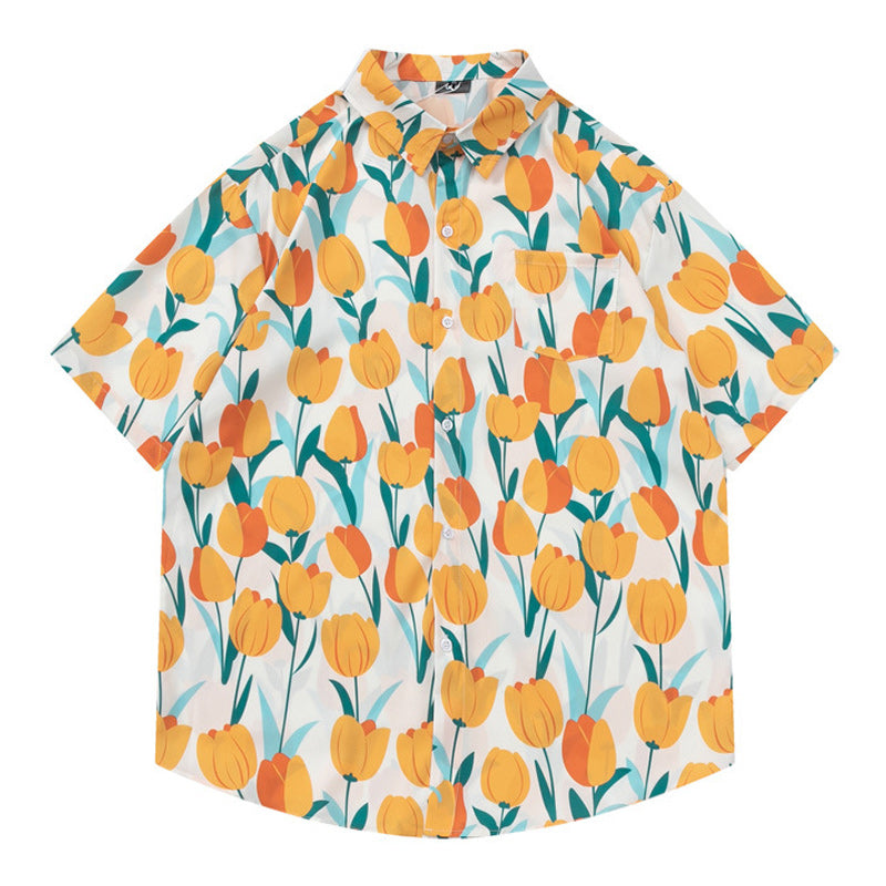 Holiday style tulip print short sleeve shirt