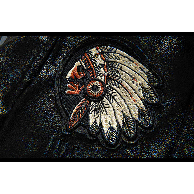 Leather flight jacket with Indian embroidery badge