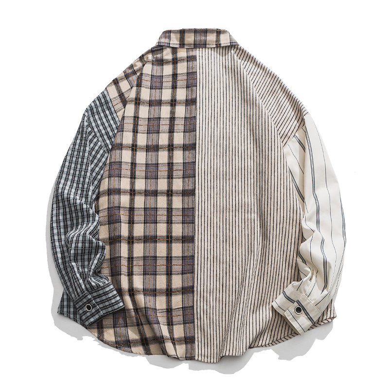 Reconstructed check and stripe combination long-sleeved shirt