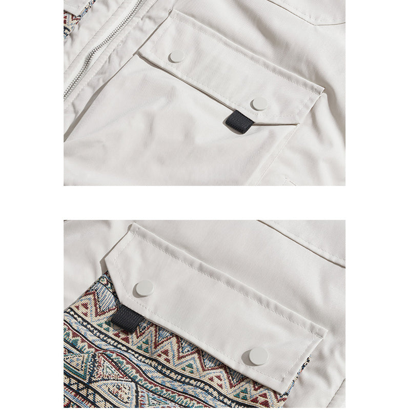 Ethnic print large pocket stand collar men's