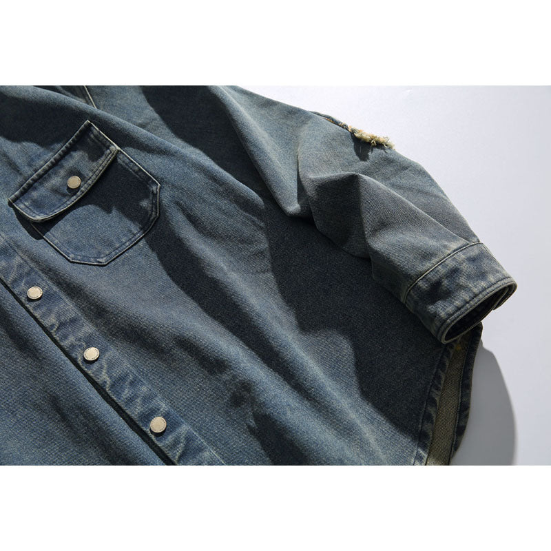 Ethnic jacquard elbow patch denim work shirt