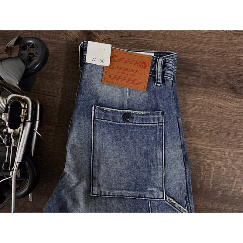 Whiskered and washed patch pocket denim pants