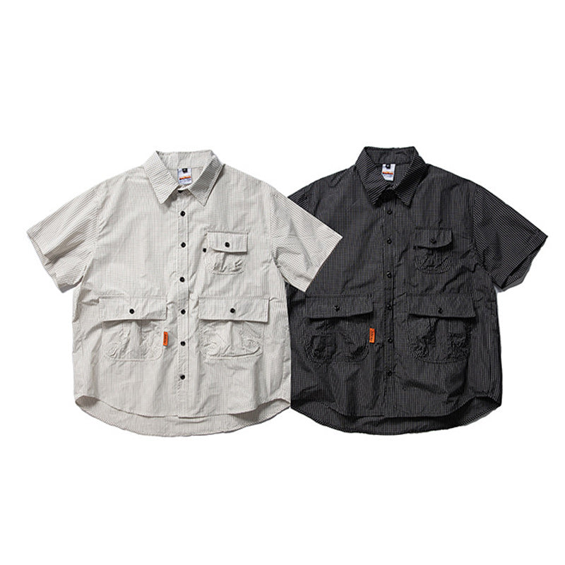 Checkered pocket work short-sleeved shirt