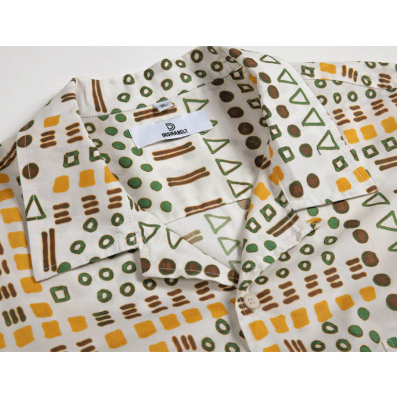 Cuban collar ethnic print short sleeve shirt