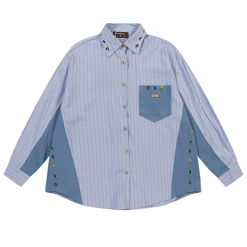 Striped color-block long-sleeved shirt