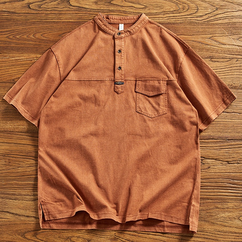 夏新作無地ハーフジップ ウォッシュ加工コットンTシャツ