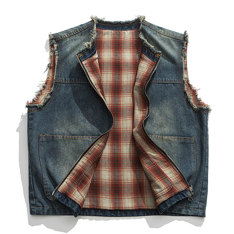 Reversible denim and check pattern 2-way vest