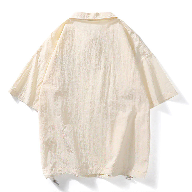 Functional pocket, fold-over neck, button-down casual short-sleeved shirt