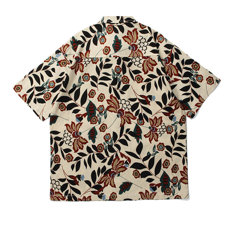 Retro leaf print aloha short-sleeved shirt