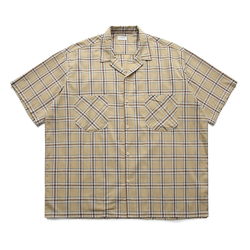 Classic checkered fold-over neck short-sleeved shirt