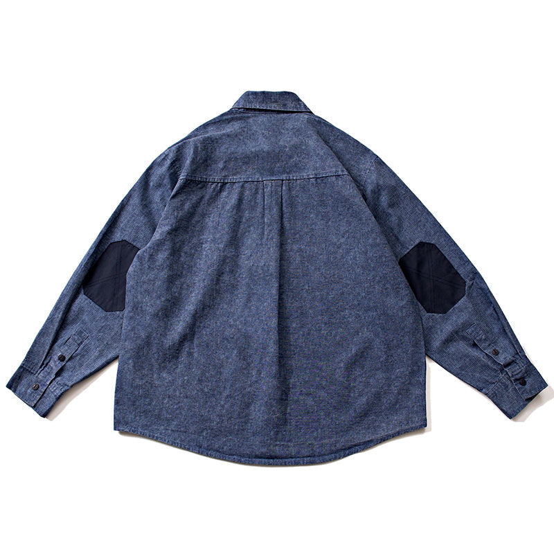 Elbow patch checkered indigo dyed shirt