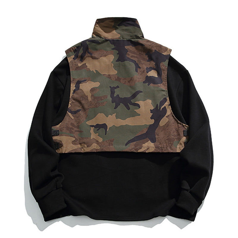 Camouflage high-neck functional vest and plain sweatshirt ensemble