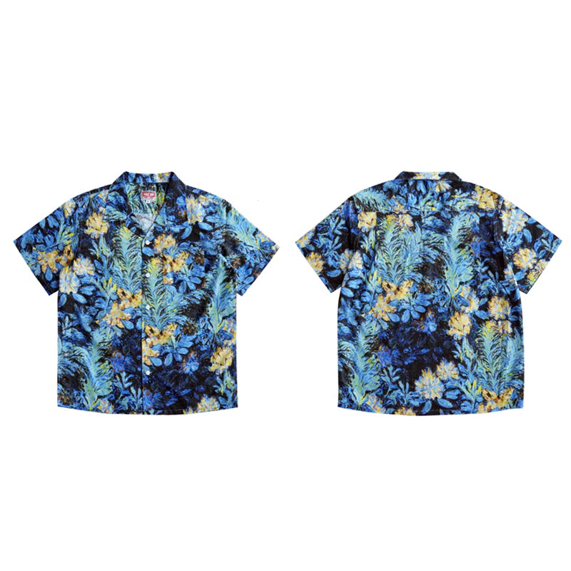 HAWAII ALOHA "Phantom Blue Flowers" Oil Painting Aloha Shirt