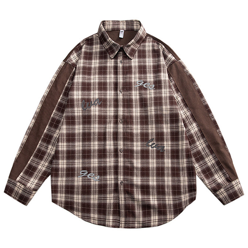 Check and plain long-sleeved shirt