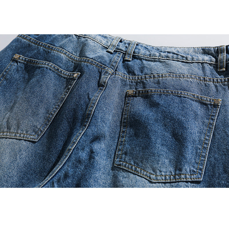 Distressed straight denim pants