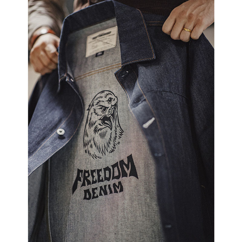 16.5oz Three-Eyed Eagle Print Twill Denim Jacket