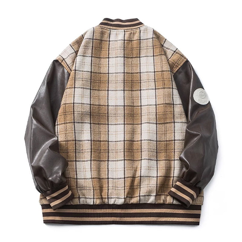 Checkered and leather combination college varsity jacket