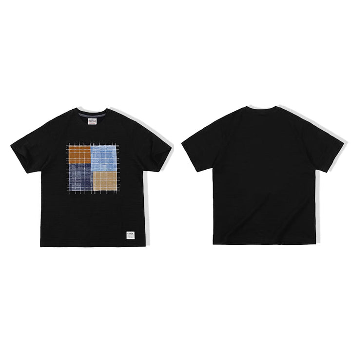 Irregular patchwork cotton tee with sashiko stitching