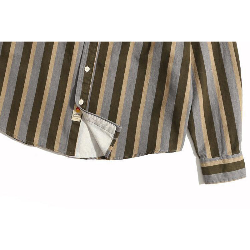 Retro color-block striped cotton long-sleeved shirt