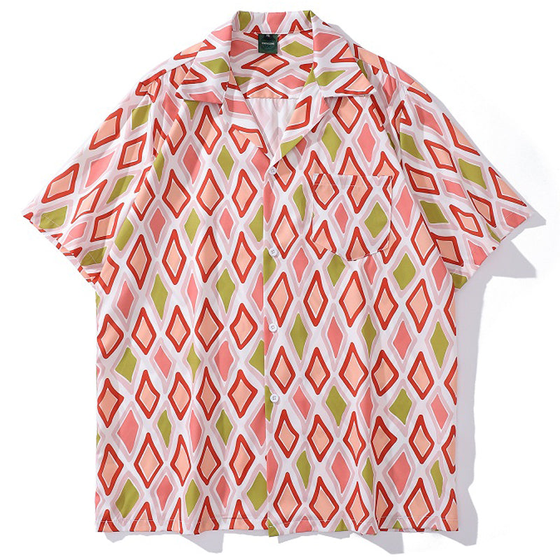 New summer check color combination print short sleeve shirt