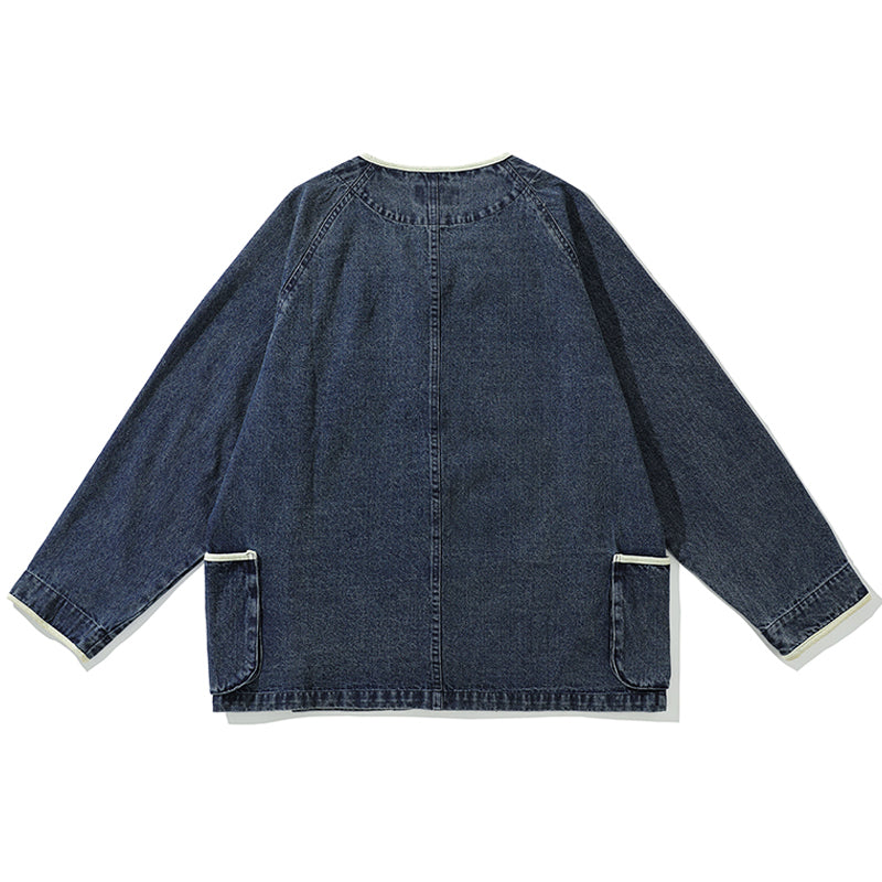Chinese Button & Zip Collarless Denim Jacket