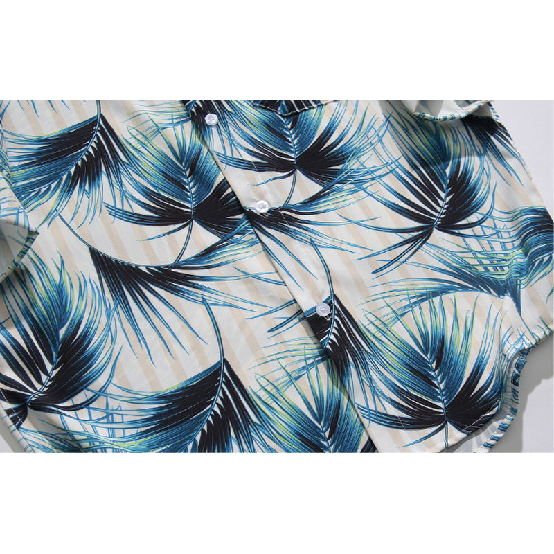 Striped Leaf Print Short Sleeve Aloha Shirt