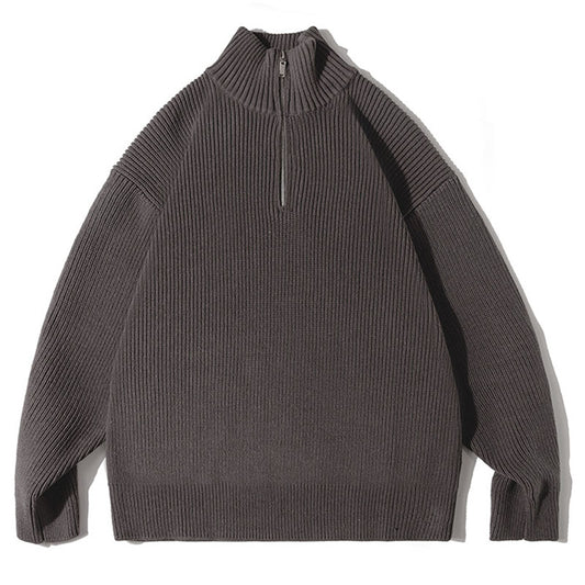 Classic plain knit zipper high neck sweater