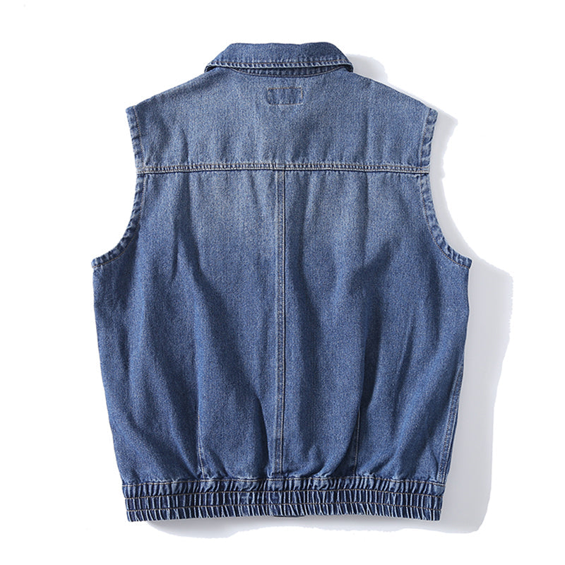 Washed denim vest with elastic hem