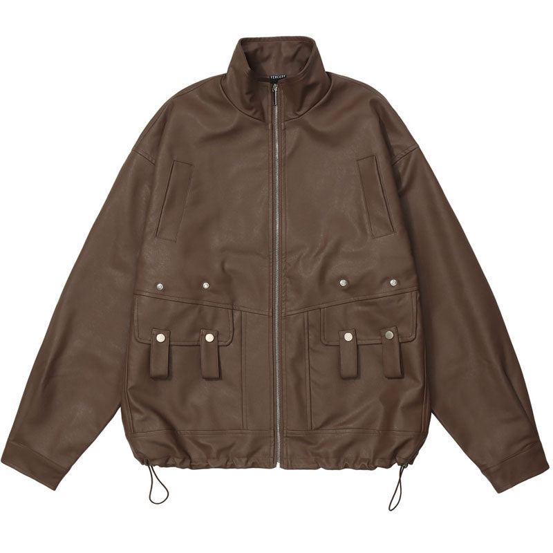 Casual stand collar PU leather jacket