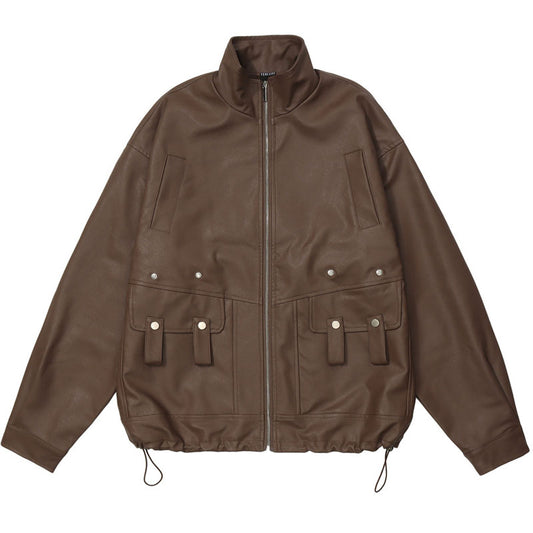 Casual stand collar PU leather jacket