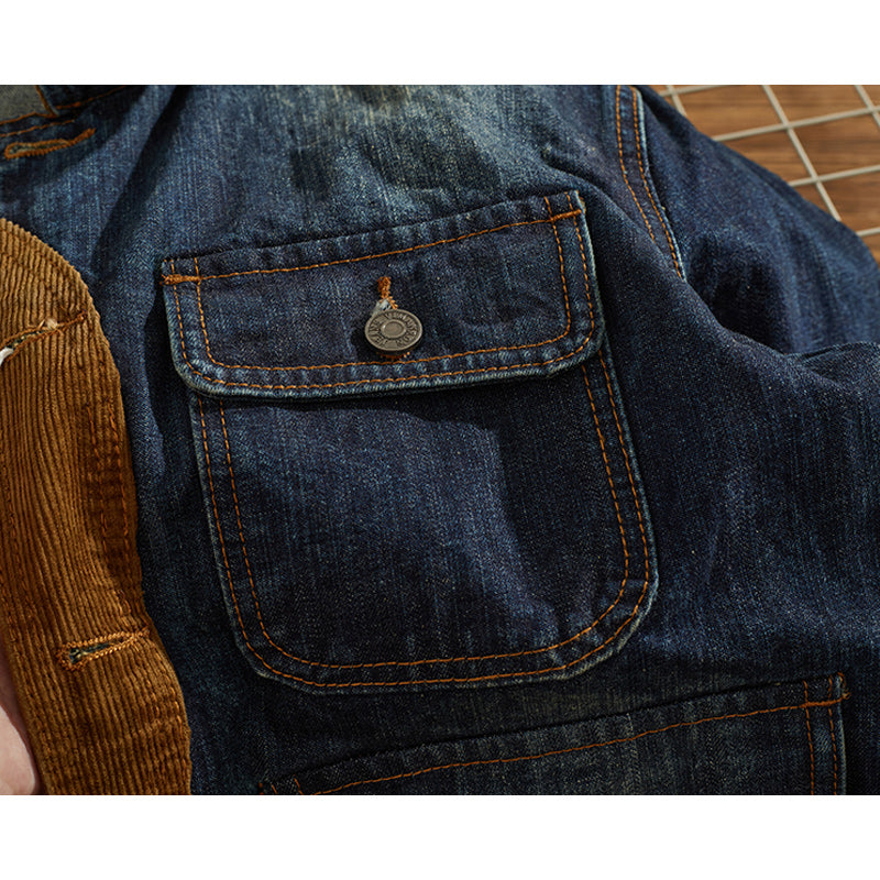 Corduroy-trimmed washed denim jacket