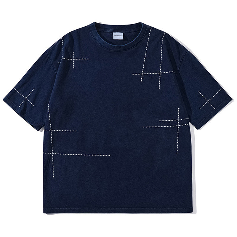 不規則刺し子入り 藍染コットンクルーネックTシャツ