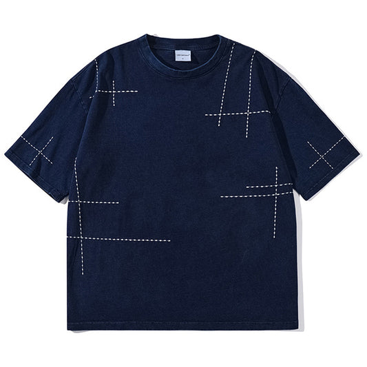 不規則刺し子入り 藍染コットンクルーネックTシャツ