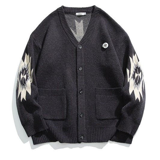 Ethnic print cardigan retro V-neck sweater