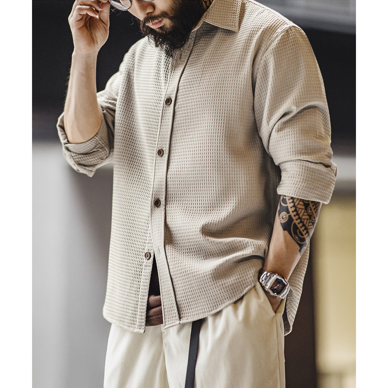 Two-tone waffle long-sleeved work shirt