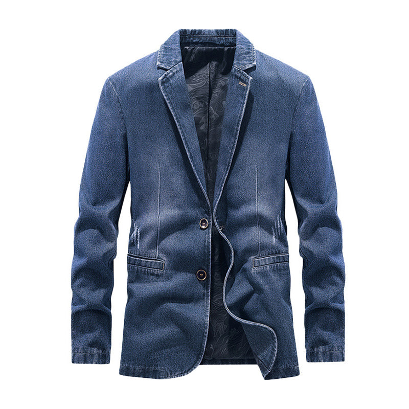 Distressed Leaf Pattern Denim Blazer Jacket