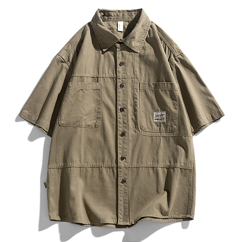 Retro plain large pocket work short sleeve shirt