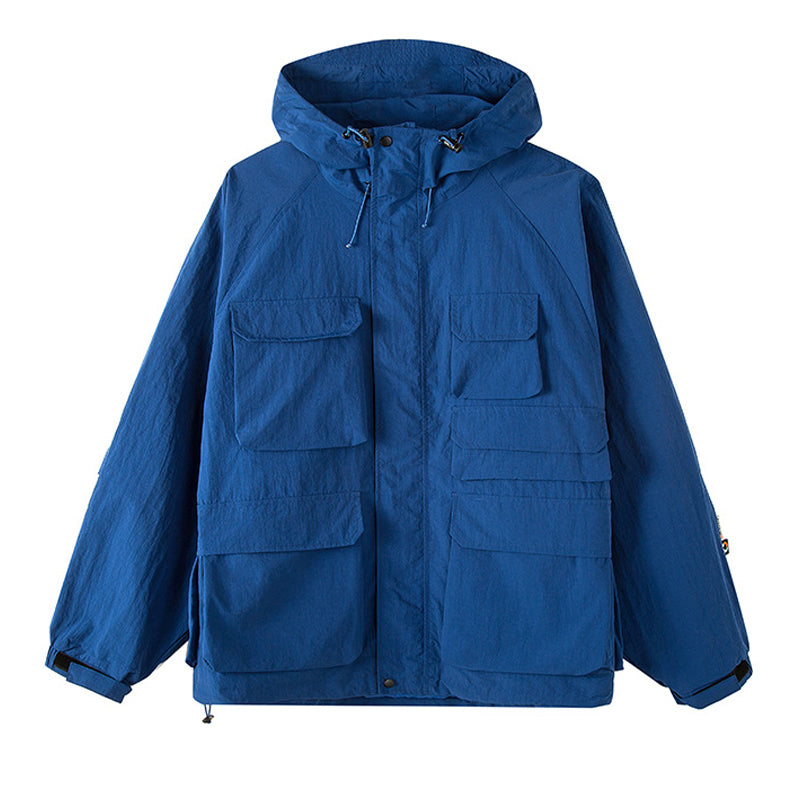 Solid color 3D multi-pocket hoodie cargo coat jacket